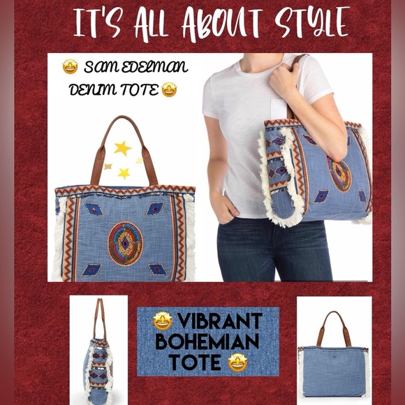 NWT Sam Edelman Denim Tote Bag With Vibrant Geometric Shape Trim - Picture 4 of 14